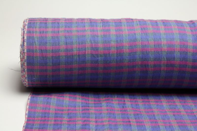 画像: 綿麻チェック手もみ　ブルーピンク　 　巾１１０ｃｍ